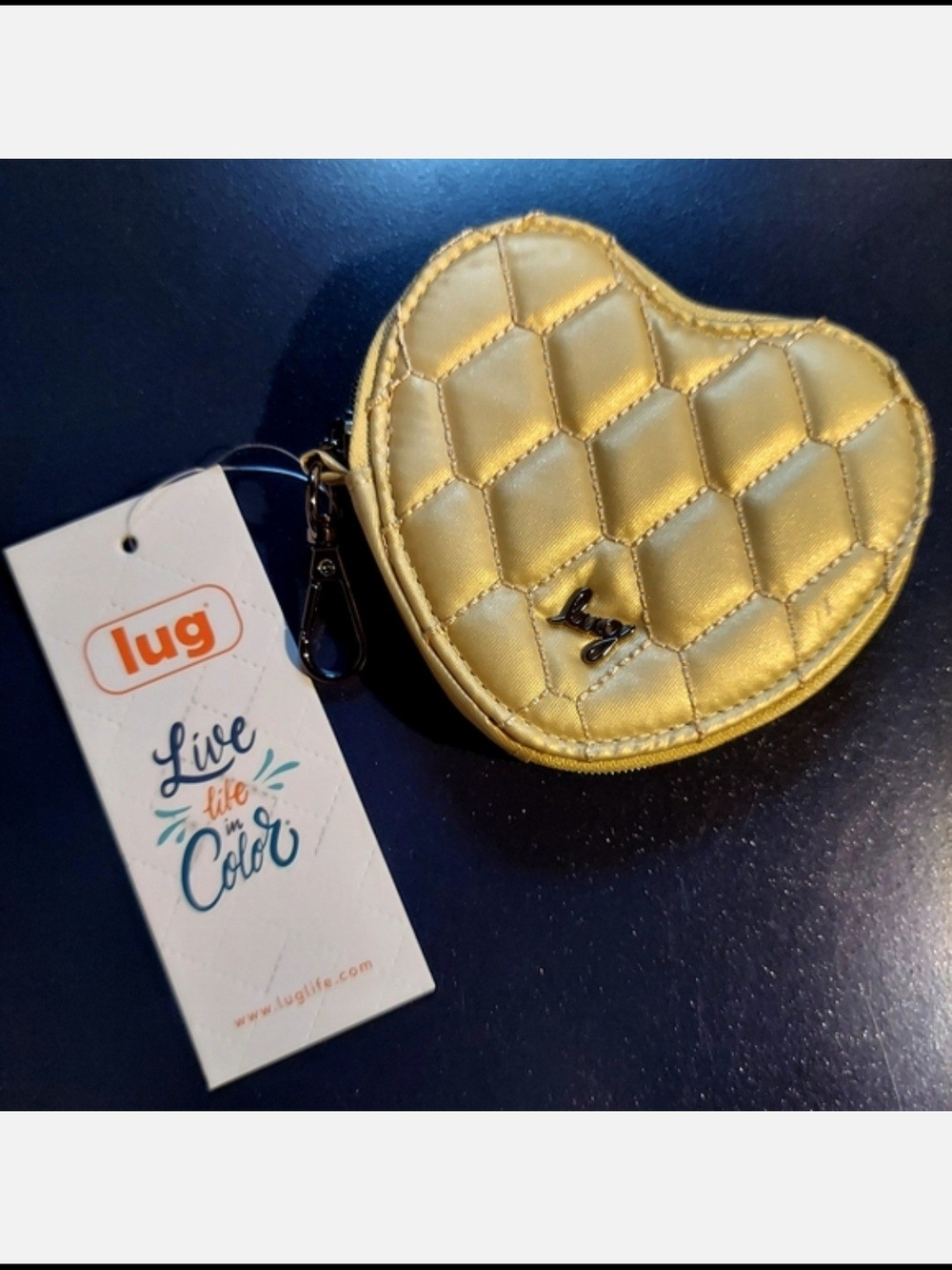 NEW Lug 4.25" Gold Heart-Shaped Quilted Coin Purse with Built-in Carabiner